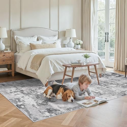 Abstract Living Room Rugs 6x9: Washable Non-Slip Indoor Carpet Black Grey