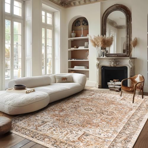 5x7 Area Rugs for Living Room, Washable Rug Vintage Floral, Beige