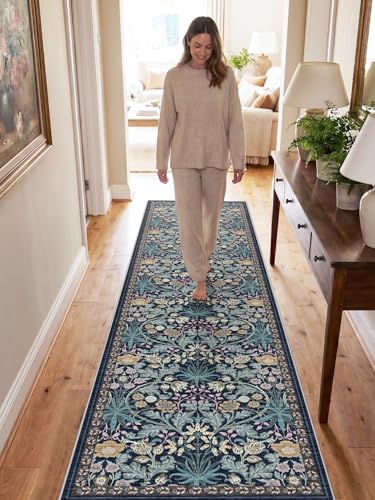 2x8 Washable Runner Rug for Kitchen: Non-Slip Floral Carpet Runners Boho Indoor Rugs for Entryway Hallways - Botanical Soft Low Pile Long Mats for Floor Bedroom Laundry 2x8 Blue