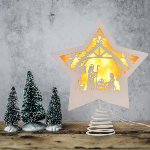 GHOSTMAGIC Christmas Tree Topper Star Nativity 7.87 x 9.25 inches Wooden Xmas Tree Top Star with 3 Modes LED Light Treetop Decoration for Christmas Bar Shop Office Home Decor (White)