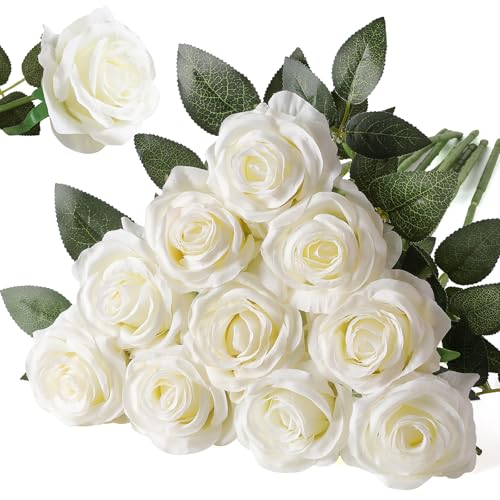 Nubry Artificial Silk Rose Flower Bouquet Lifelike White Fake Rose for Wedding Home Party Decoration Event Gift 10pcs (Off White)