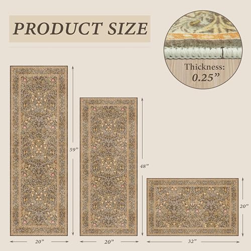 JTJ Taupe Brown Kitchen Rug Set of 3, Washable Non Slip Mats with Runner