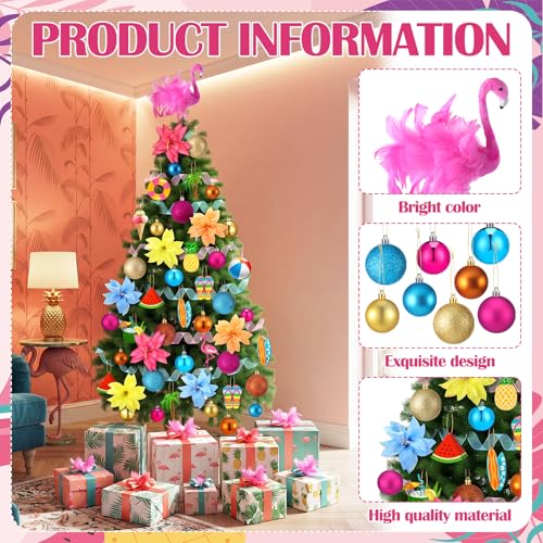 Seenelling 65 Pcs Summer Christmas Tree Ornaments July Christmas Tree Topper Pink Flamingo Wooden Hanging Decoration Ribbon and Faux Flowers for Xmas Luau Tropical Party Beach Decor Supplies Holiday