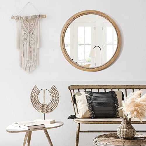 sawsile Round Wood Mirror,24 inch Circle Rustic Farmhouse Natural Wooden Frame Boho Beads Wall Mirror for Bathroom,Living Room,Bedroom or Entryway