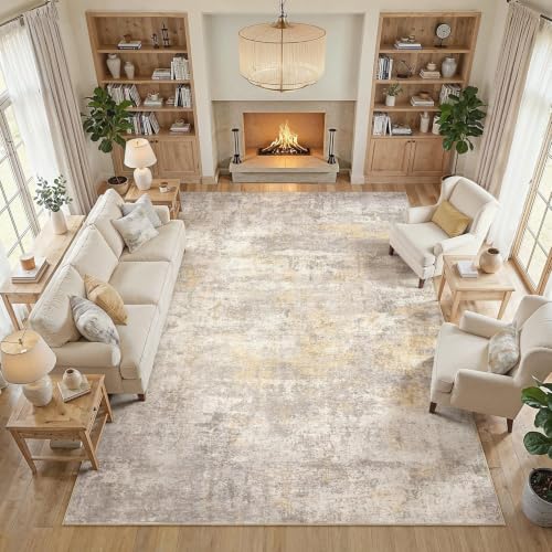 8x10 Area Rugs Living Room: Washable Abstract Rug Gold Grey Brown
