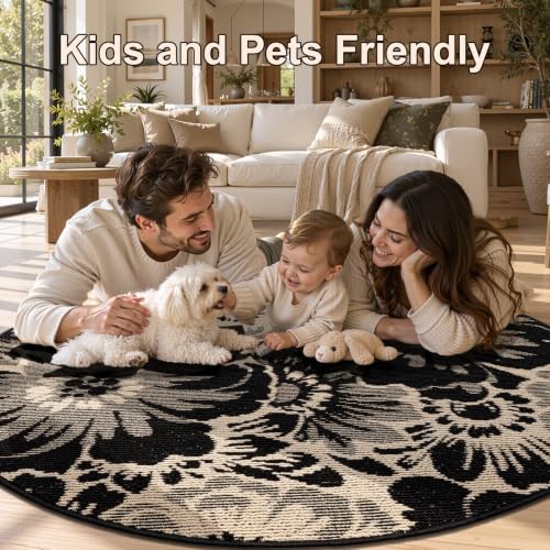Findosom Washable Round Rug 4ft, High-Low Textured Floral Circle Area Rug