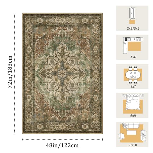 Washable 4x6 Area Rug, Green Vintage Floral Non-Slip for Bedroom, Entryway