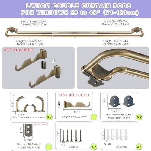 Anqiue Bronze Double Curtain Rods For Windows 28-48 Inch,Heavy Duty Double Curtain Rod with Aluminum Finial and Bracket,Adjustable Curved Double Window Rods For Blackout Or Room Darkening Panel