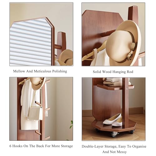 Floor-Standing Solid Wood Rotating Coat Rack，Full Length Mirror with Coat Rack 2 in 1 Floor Mirror and Coat Rack Solid Wood Frame Large Dressing Mirror for Living Room Bedroom Free Standing