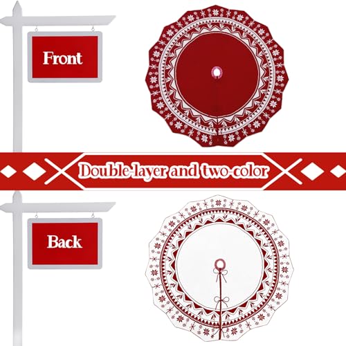 Christmas Tree Skirt 60 Inch, Double-Sided Knit Red Tree Skirt with Snowflakes Patterns Large Knitted Xmas Tree Skirt Rustic for Christmas Trees Party Holiday Christmas Decorations