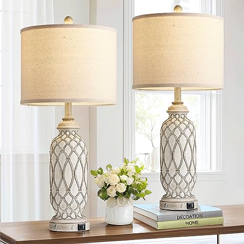Farmhouse Table Lamps for Bedroom Set of 2, 28" Rustic Bedside Lamp with USB Ports, 3-Way Dimmable Nightstand Table Lamp for Living