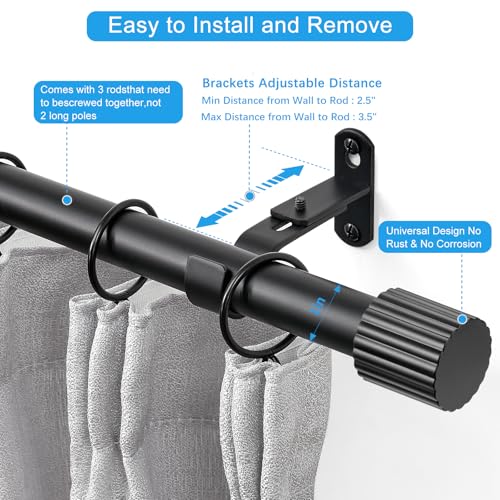 Curtain Rods for Windows 16 to 48 Inch, Curtain Rod Max Adjustable Length of 60 in, 1" Diameter Drapery Rod with Cylindrical Finials, Black 1 Pack