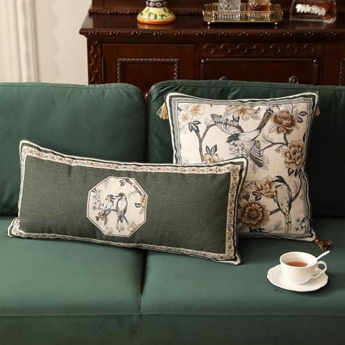 ISAENNE Design Linen Chinoiserie Lumbar Throw Pillow Covers 12"x28", Farmhouse Cushion Covers with Yellow Floral Birds Pattern Decoration Pillowcases for Bed,Living Room,Outdoor,Car