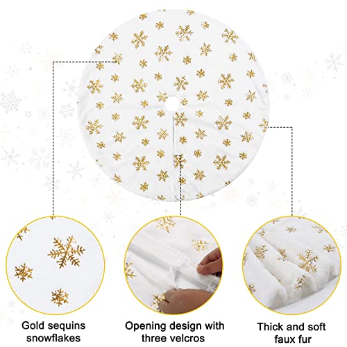 Christmas Tree Skirt 48 Inch Gold Snowflakes White Faux Fur Tree Skirts Fluffy Plush Tree Mat for Artificial Tree Decorations Indoor