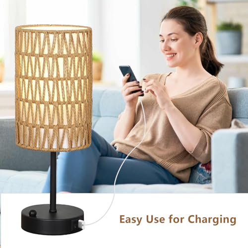 Touch Table Lamp For Bedroom with Bulb, Boho Small Desk Lamp For Living Room With Rattan & Li – lifestyle view