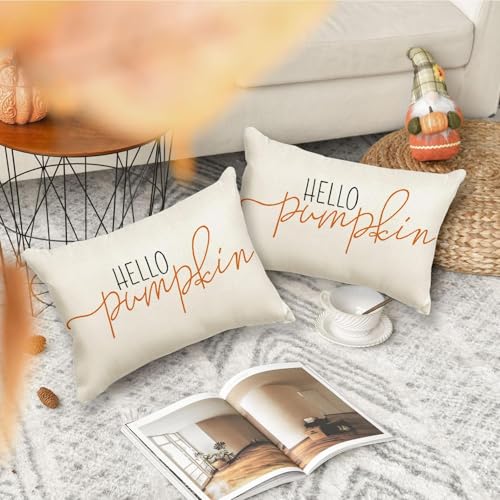 RABUSOFA Fall Pillow Covers 12x20 Inch,Autumn Hello Pumpkin Pillows Decorative Throw Pillows,Lumbar Outdoor Thanksgiving Cushion Cover Farmhosue Fall Decor for Bedroom Couch Sofa White