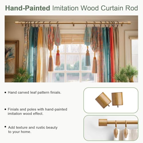 QDWIS Boho Natural Wood Curtain Rods for Windows 28 to 48 inch 1" Adjustable Heavy Duty Curtain Rod with Handmade Wood Grain Design Decorative Drapery Rods for Living Room Bedroom Outdoor