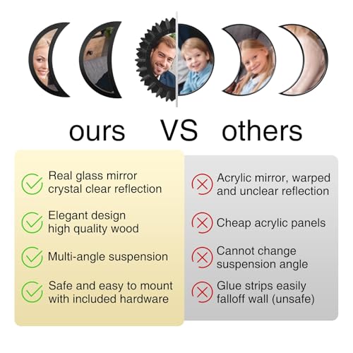 WAKOSAN Moon Phase Wall Mirror Set, 5PCS Wooden and Real Glass Mirrors | Bohemian style bedroom decor, crystal clear reflection, for living room apartment, multi-angle vertical horizontal hanging