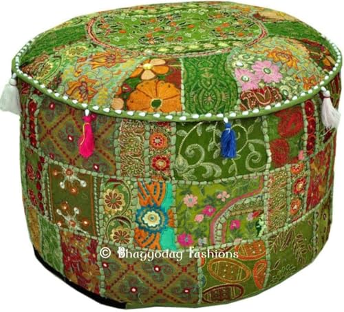 Sophia-Art Indian Embroidered Patchwork Cover Decorative Pouf Indian Comfortable Floor Cotton Cushion Ottoman Pouf,Indian Designs Ethnic Patchwork Pouf (Light Green, 14"x22")
