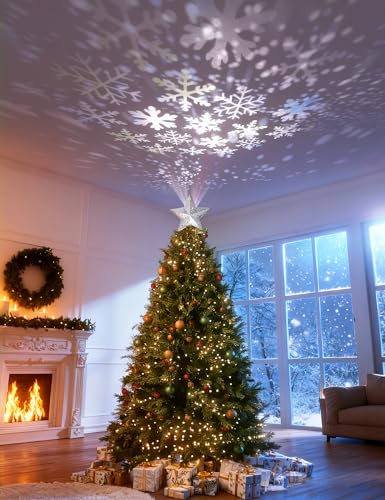 DG-Direct Christmas Tree Topper Lighted Star [Silver],3D Hollow Sparkling Star Christmas Tree Topper with Rotating Magic Cool White Snowflake Projector for Christmas Tree Ornament (Silver)