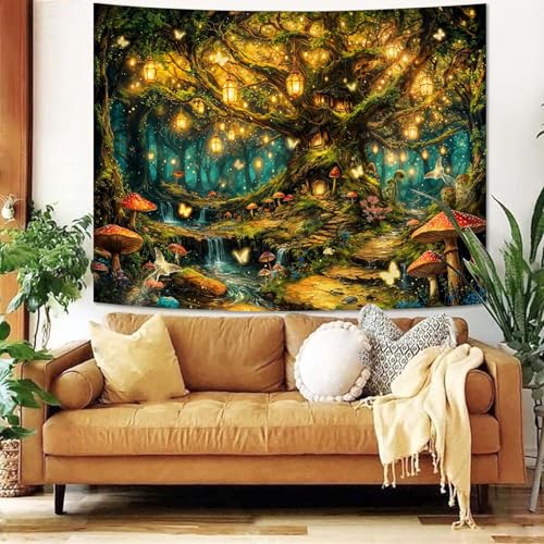 Kanuyee Enchanted Life Tree Forest Tapestry, Luminous Fairy Tale Wall Hanging for Room Decor, Dreamy Nature Home Decor 80L x 60W