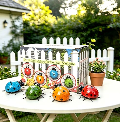 Metal Garden Wall Art Decorative Set of 4 Cute Ladybugs Outdoor Wall Sculptures