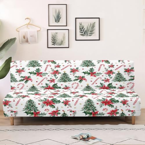 Christmas Tree Armless Sofa Bed Cover Candy Cane Print Stretch Couch Slipcover Folding Sofa Couch Futon Covers Full Size Furniture Protector Cover