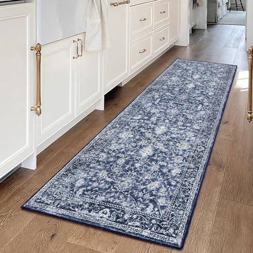 KILOCOCO Hallway Runner 2x5 Printed Vintage Floral Washable Kitchen Runner Rug Non-Slip Runners for Hallways Distressed Boho Runners for Bedroom Laundry Room, Navy Blue