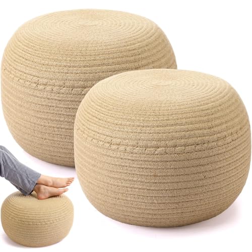 Briwooody 2 Pcs Handmade Round Jute Low Pouf Ottoman - Braided Floor Seating Cushion, 16" x 16" x 8" Natural Fiber Foot Rest Stool, Boho Decor for Living Room, Bedroom, and Patio