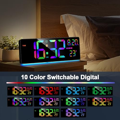 XREXS 16.3" Bluetooth Large Digital Wall Clock with Remote Control, Auto Time Sync, 6 Color Night Lights Adjustable Dimmer 10 RGB Color Changing Large Display for Home, Gym, Office and Classroom