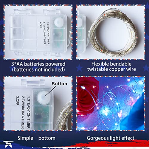 Yayfazy 4th of July Decorations Outdoor/Indoor Timer Fairy String Lights,2PACK Each 100Led Copper Red/White/Blue IP67 Waterproof Battery Operated Patriotic Lights for Memorial Day,Independence Day