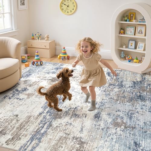 8x10 Area Rug Living Room Rugs - Washable Neutral Modern Abstract Soft Thin Large Rug Indoor Floor No Slip Rug Carpet for Bedroom Under Dining Table Home Office Decor - Denim Blue