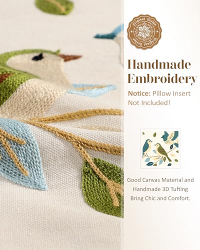 Embroidered Throw Pillow Cover 18x18 Inch - Summer Farmhouse Decorative Pillow Covers with Zipper for Couch Sofa Bedroom Living Room Spring Boho Cushion Pillowcase, Birds Leaves