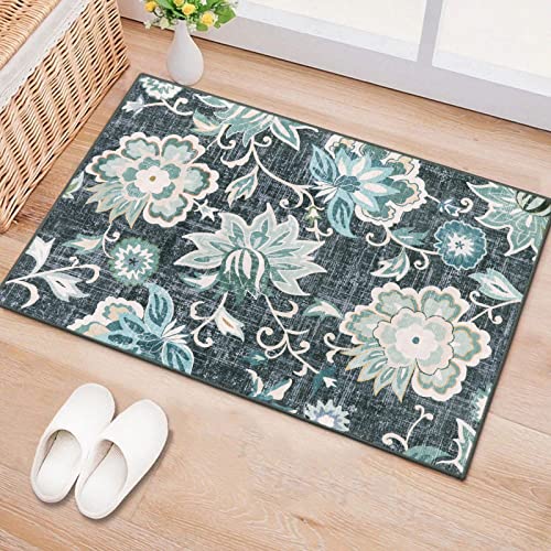Floral Entry Rugs for Inside House,2x3 Non Slip Washable Kitchen Rug Front Door Mat, Ultra Thin Doormat Non-Shedding Throw Carpet for Bedroom Bathroom (Blue,2'x3')