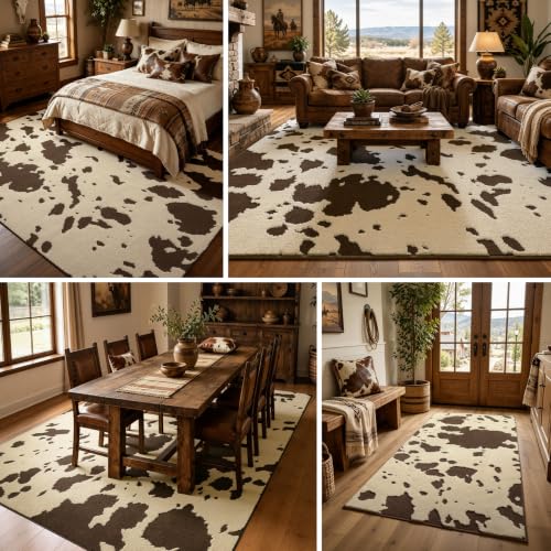Cowhide Entryway Rugs 3x5 Ft, Washable Plush Soft Brown and Cream Cow Rug, Non-Slip High-Low Pile Animal Small Area Carpet for Bedside, Living Room, Door Entrance, Home Decor