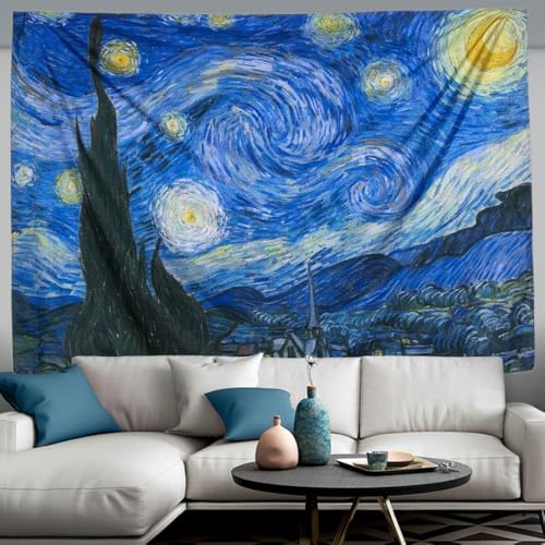 IcosaMro Starry Night Tapestry Wall Hanging, V. Gogh Art Wall Tapestries [60x82.7''][Double-Folded Hems]- Star Blanket Tablecloth for Bedroom, Dorm, College, Living Room, Blue