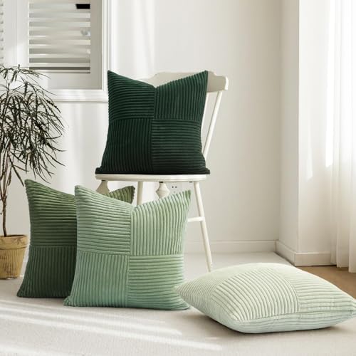 Topfinel SageGreen Throw Pillow Covers 18X18 Inch Set of 4,Boho Farmhouse Cozy Cushion Cover with Corduroy,Soft Accent Forest Green Pillow Covers for Couch,Bed,Living Room Home Decor