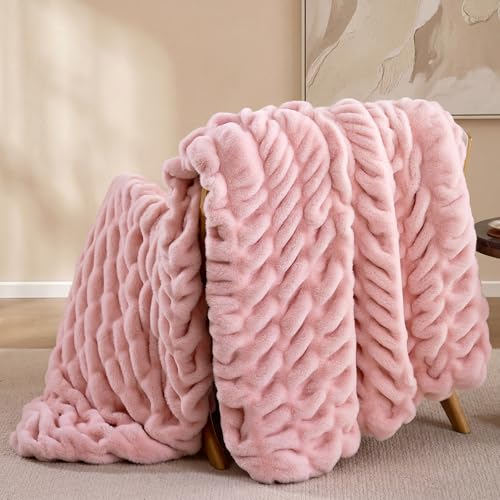 Smoofy Blush Pink Throw Blanket for Couch – Luxury Faux Rabbit Fur Blanket, Ultra Soft Fluffy Plush Fuzzy, Lightweight Warm Cozy Blanket for Bed Sofa, Aesthetic Room Decor Gift for Women 50"x60"