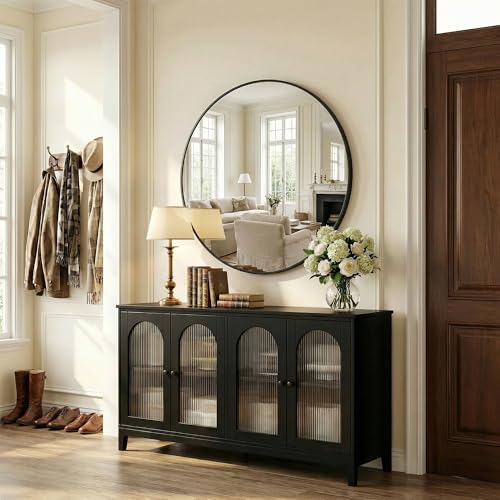 Antok 24 Inch Round Mirror for Wall, Round Bathroom Mirror, Circle Wall Mirrors with Black Metal Frame, Circle Mirrors Suitable for Wall, Bathroom, Vanity, Living Room, Entryway
