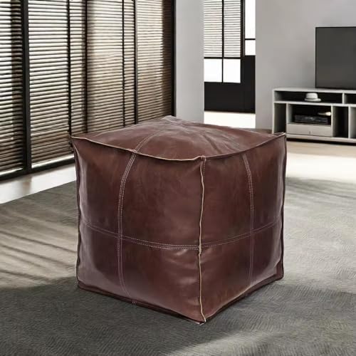 Louis Donné 18 Inch Square Unstuffed Pouf Ottoman Cover, Waterproof Faux Leather Footstool, Moroccan Floor Cushion with Storage, Easy Clean for Living Room, Coffee Brown, Cover Only