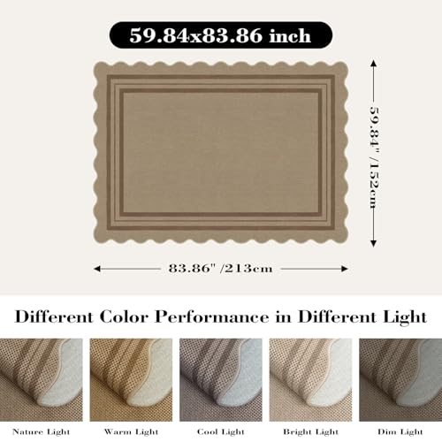 Scalloped 5x7 Rug for Living Room, Easy Jute Washable Outdoor Patio Carpet, Farmhouse Indoor Brown Geometric Rug Neutral Non Slip Carpet for Living Room Backyard