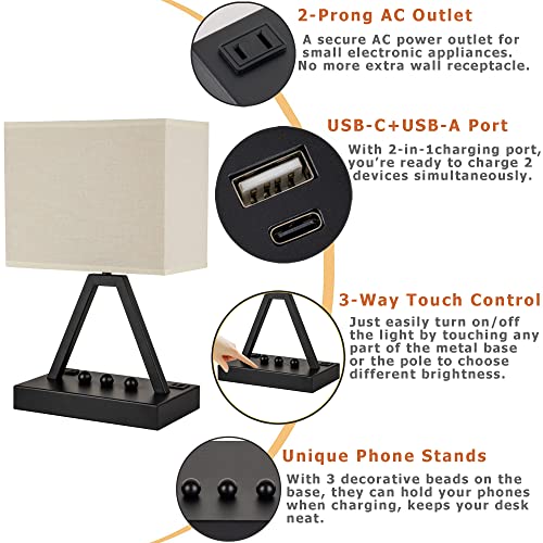 Touch Control Table Lamp, 3-Way Dimmable Desk Lamp with USB C & USB A and AC Outlet, Bedside Lamps with Phone Stands for Bedroom, Living Room, Office, LED Bulb Included, Black