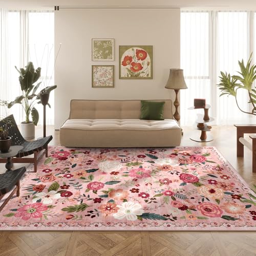 8x10 Washable Area Rug for Living Room, Floral Non-Slip Non-Shedding & Easy Care, Large Soft Low Pile Indoor Floor Carpet for Living Room, Bedroom, Farmhouse, Dining Room, Kids Playroom, Pink