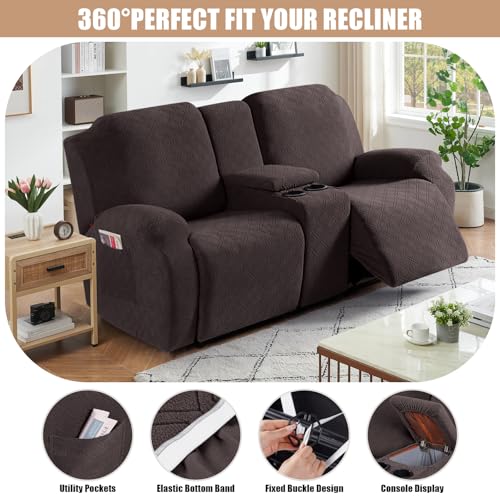 VANSOFY Recliner Loveseat Cover with Middle Console Stretch Reclining Sofa Slipcover for 2 Seat Jacquard Reclining Couch Sofa Covers Furniture Protector with Elastic Straps Bottom(Chocolate)