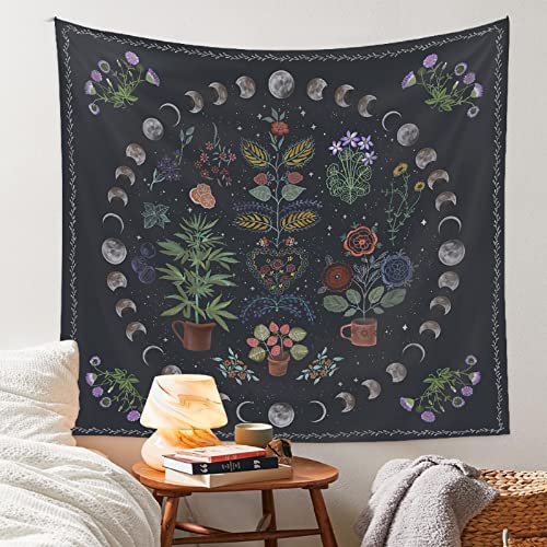 LINICE Nature Moon Phase Wall Hanging, Bohemian Mandala Tapestry Aesthetic Bedroom Decor, Botanical Tapestry Suitable For Bedroom Home Dorm