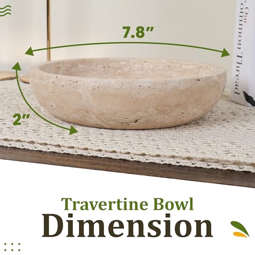 FNTSTICGOODS Travertine Decorative Bowl - 7.8” Diameter & 2” Height - Key Bowl for Entryway Table - Travertine - Organic Modern Centerpiece - Beige/Natural