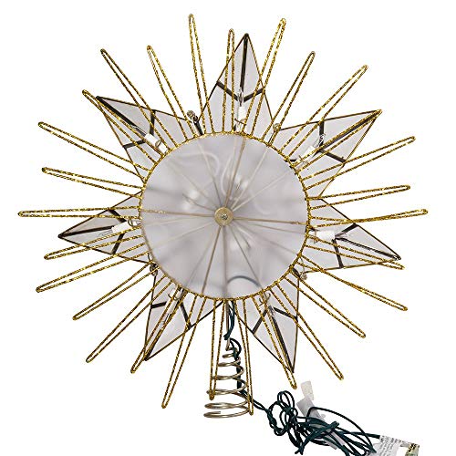 Kurt Adler 12" 7-Point Natural Capiz Lighted Tree Topper | Christmas Tree Star Topper | Gold Tree Topper Star with Lights | Light Up Star Christmas Tree Topper w/Wire Rays Accent (12 Inches, Gold)