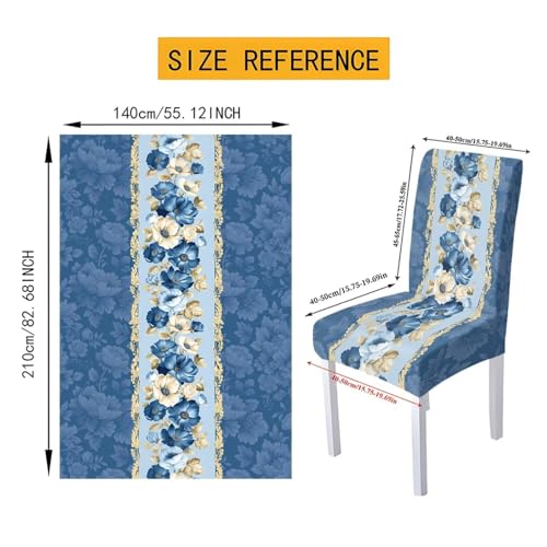 Dining Chair Slipcovers Rectangle Tablecloths Set of 7, Removable Chair Seat Covers Dust-Proof Stretch Dining Seat Slipcovers Washable Table Cover Protector, Blue Flower Print