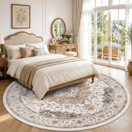 8ft Round Rug Low Pile Washable Vintage Print Rug Indoor Carpet