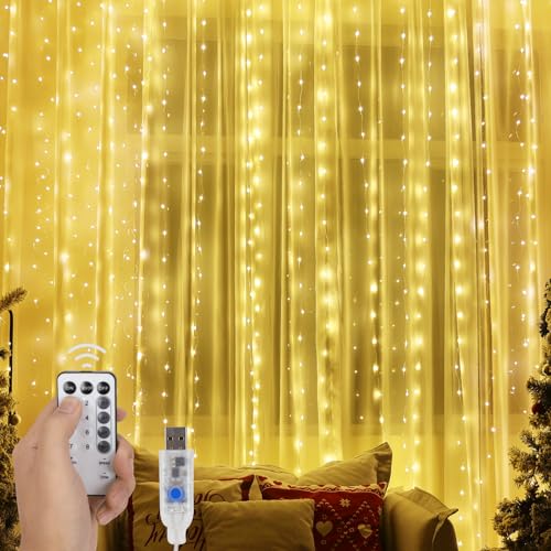 Fairy Curtain Lights for Bedroom, 9.8x9.8 Ft Fairy Lights Curtain with Remote, 300 LED String Light 8 Flashing Modes USB Plug in for Dorm Backdrop Window Wall Indoor Outdoor (Warm White)